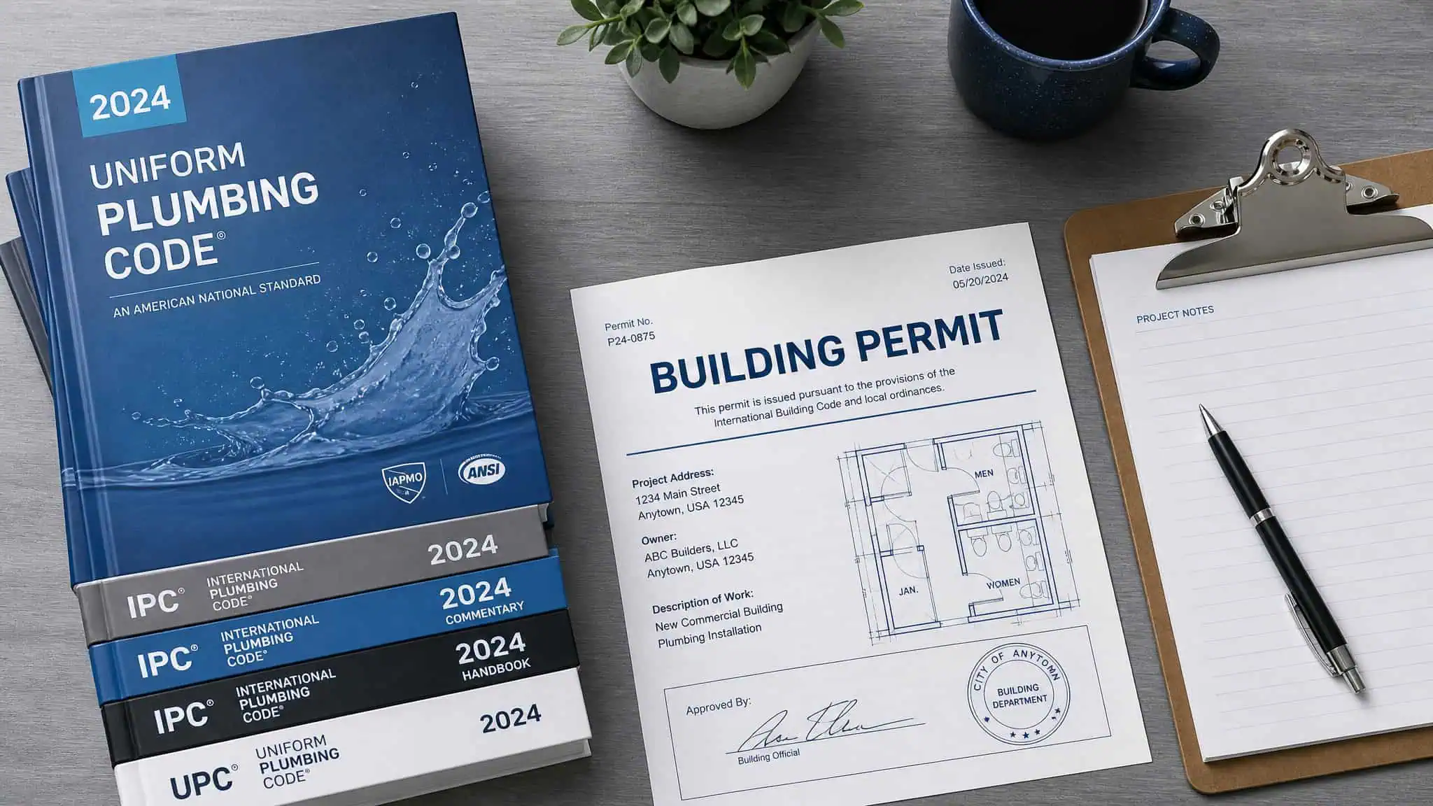A professional workspace with a plumbing code book, building permit, and drafting tools on a desk, representing construction and building standards.