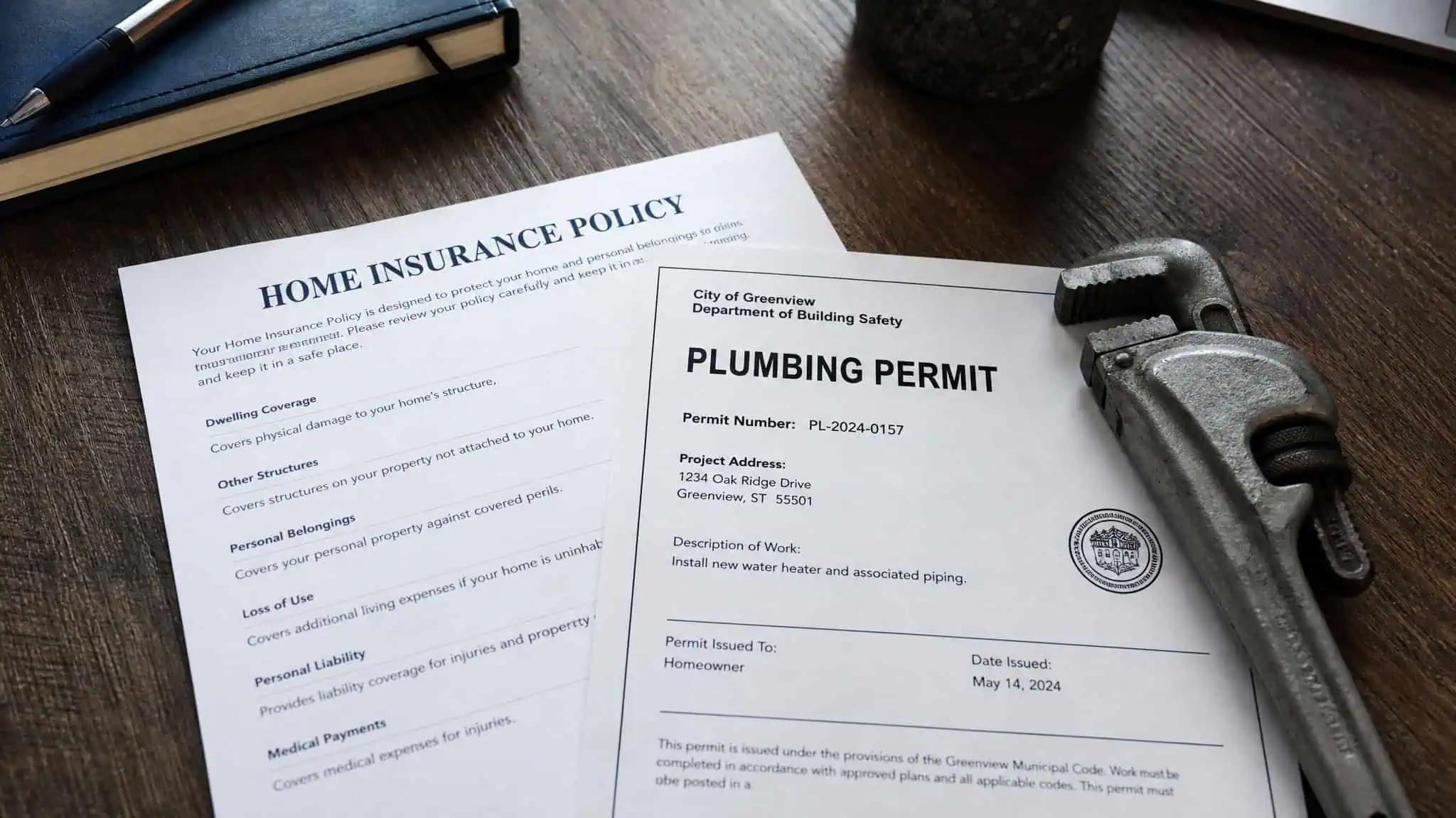 Can You DIY Plumbing? A State-by-State Legal Guide With Cost Data 5 Home insurance policy and plumbing permit documents on a wooden desk with a wrench and pen nearby.