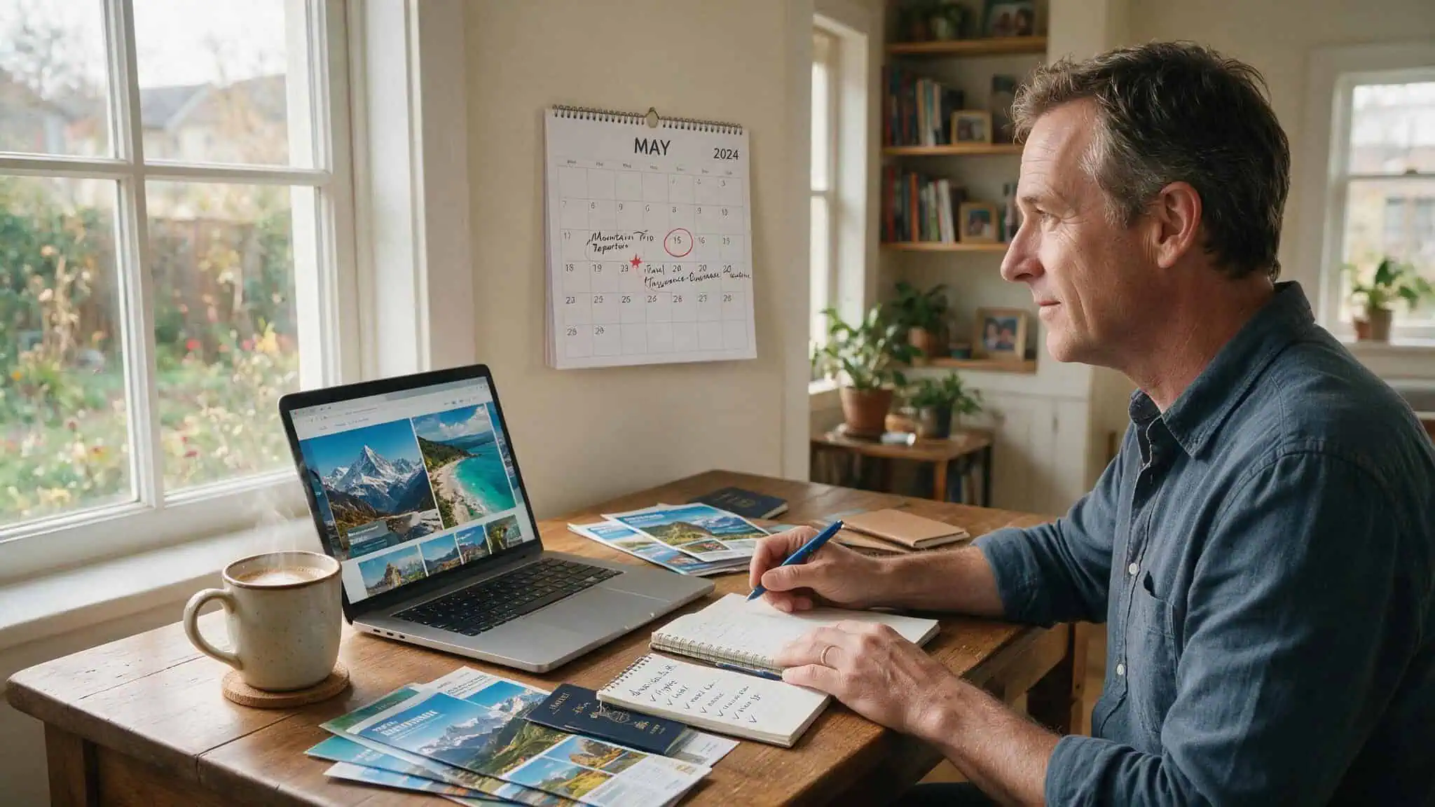 Best Short-Term Medical Insurance for International Travel: 7 Plans Compared for 2026 3 Man reviewing calendar with trip dates and insurance purchase deadline for pre-existing condition waiver
