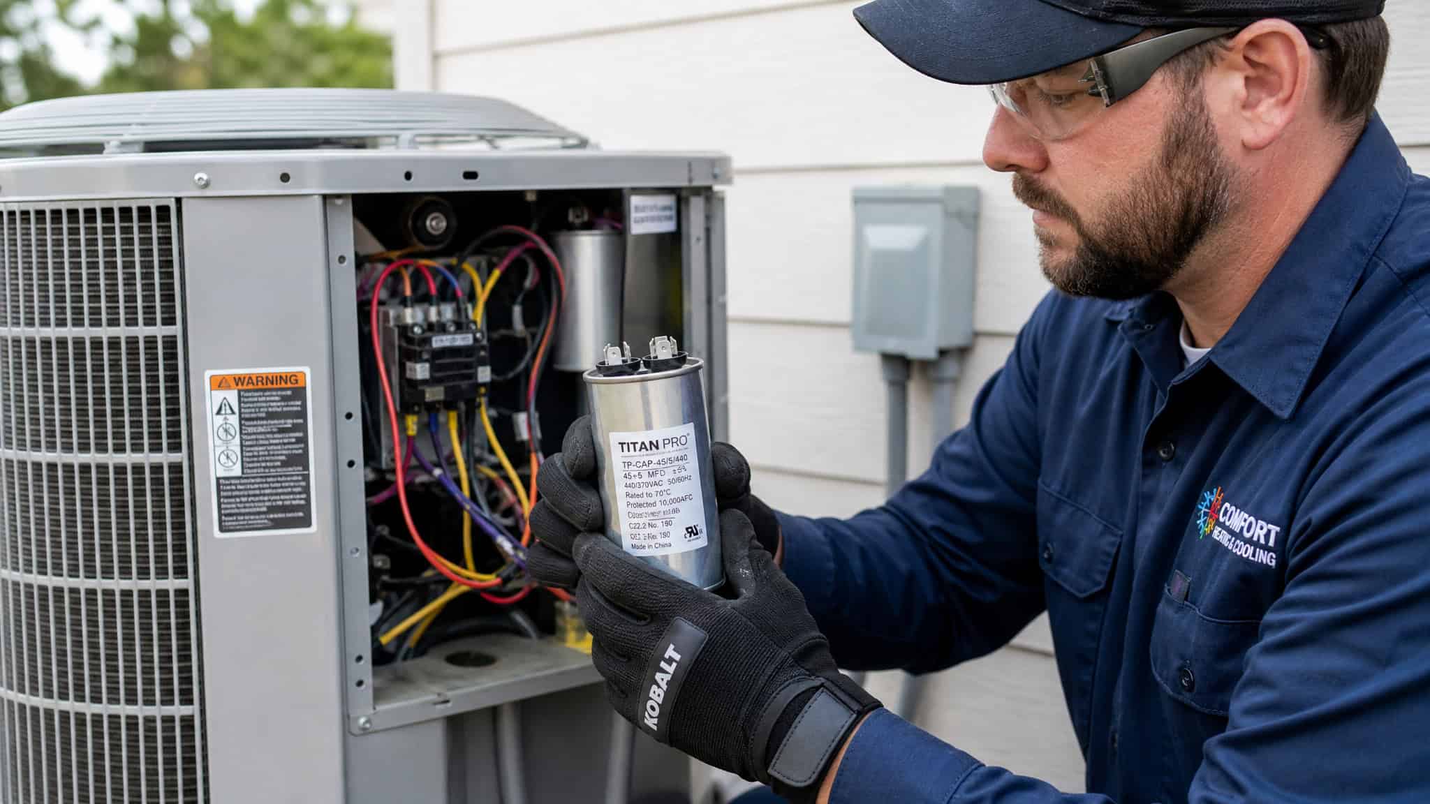 AC Capacitor Failure Symptoms: 9 Warning Signs Your AC Is About to Break Down 4 HVAC technician inspecting and servicing an electrical panel with tools and equipment outdoors.