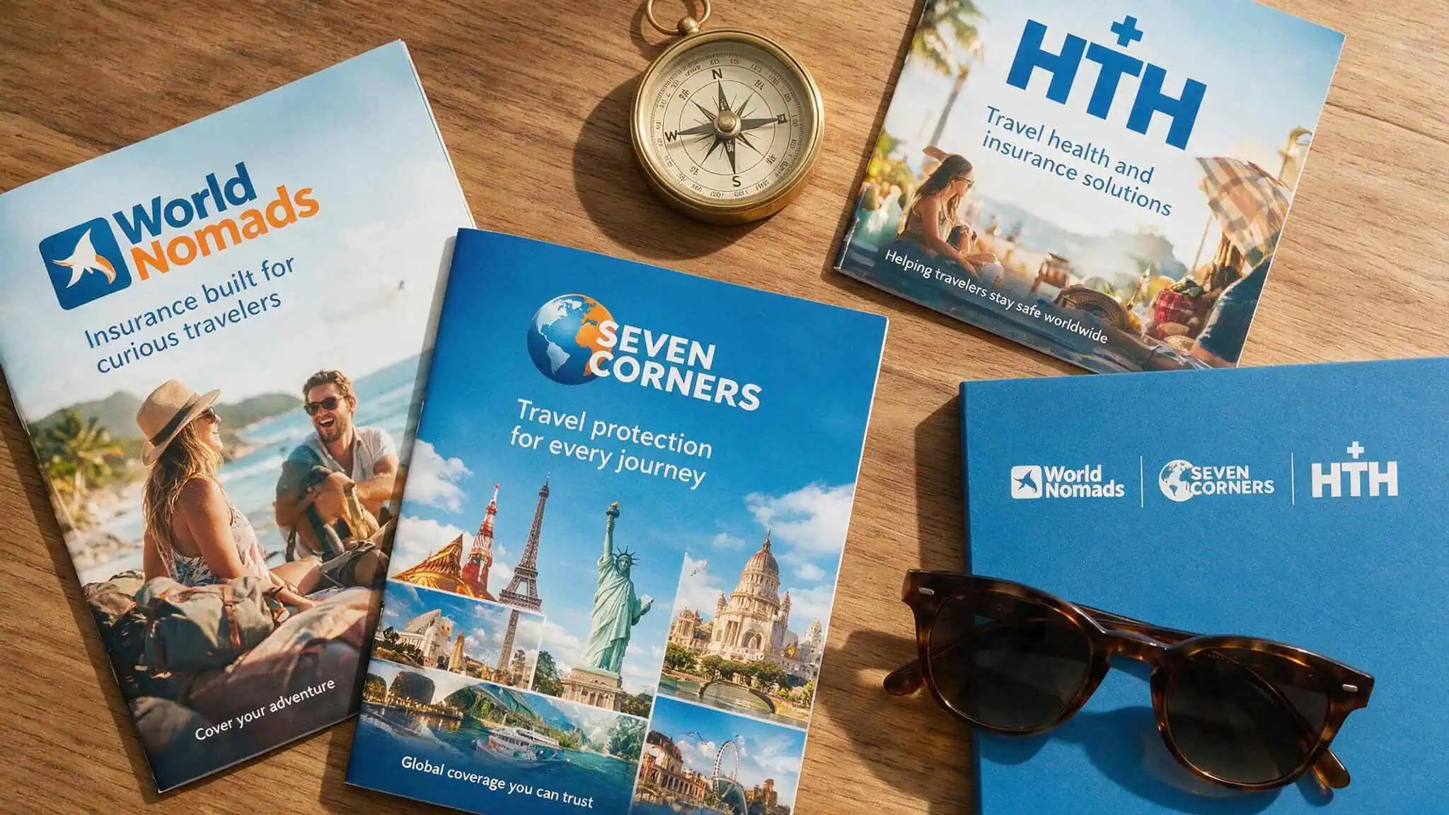 Medical-Only vs Comprehensive Travel Insurance: The $92 vs $400+ Decision 4 Travel insurance provider brochures and logos laid out on a table with travel gear.