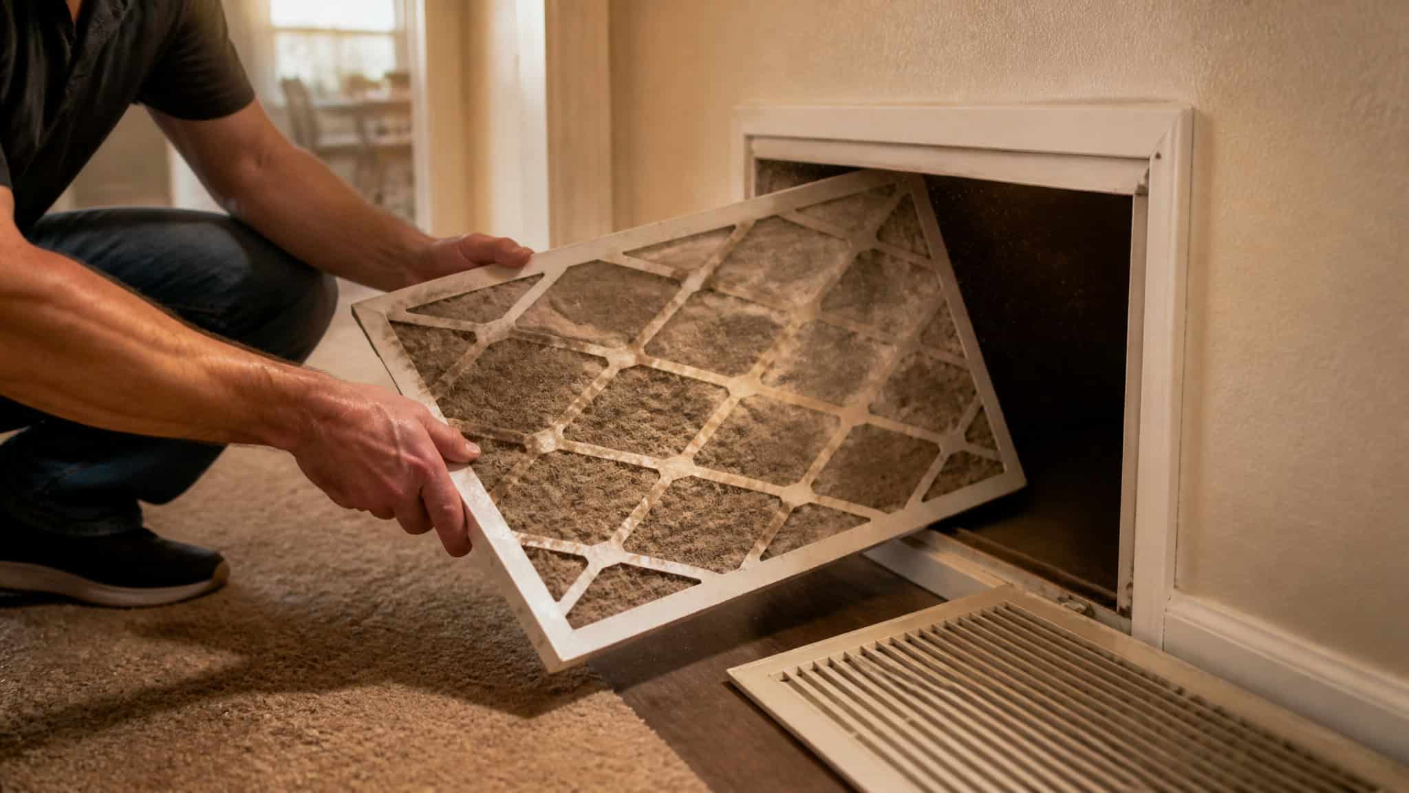 AC Not Cooling Enough? 5 DIY Checks Before You Call a Pro 2 Homeowner replacing a clogged air filter in an AC return vent