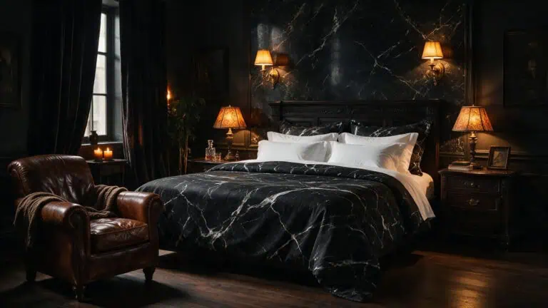 Elegant bedroom featuring a black marble bed, dark curtains, and warm lighting creating a cozy and sophisticated atmosphere.