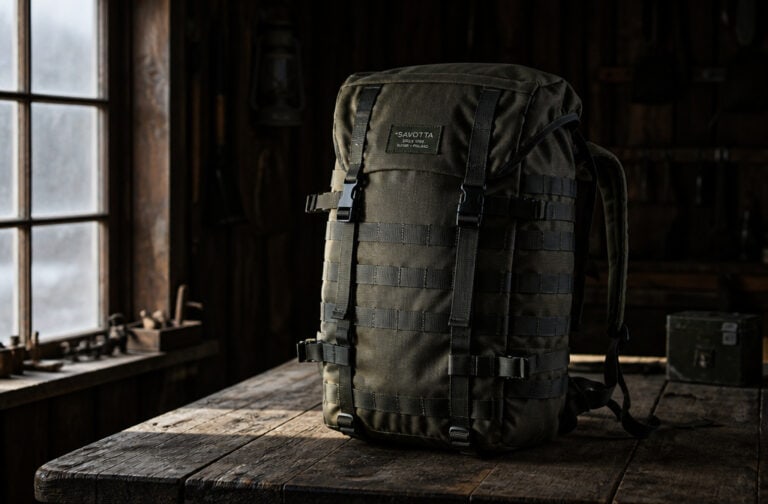 Black tactical backpack placed on a rustic wooden table inside a dimly lit cabin, featuring multiple compartments and adjustable straps for outdoor adventures.