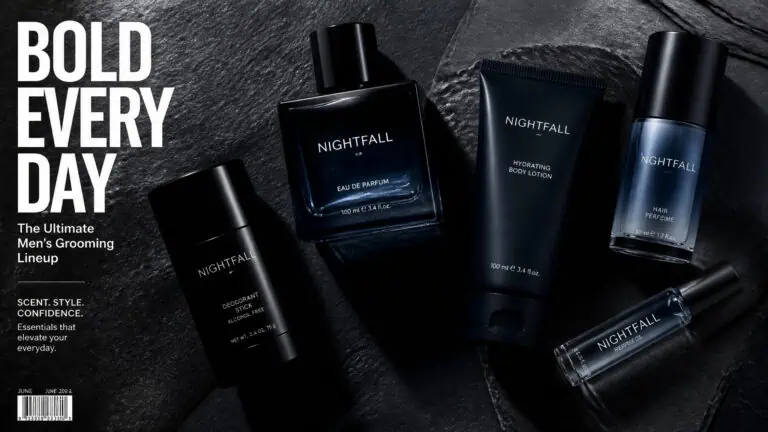 Nightfall men's grooming products including Eau de Parfum, hydrating body lotion, and deodorant, arranged on a dark textured surface for a sleek, modern look.
