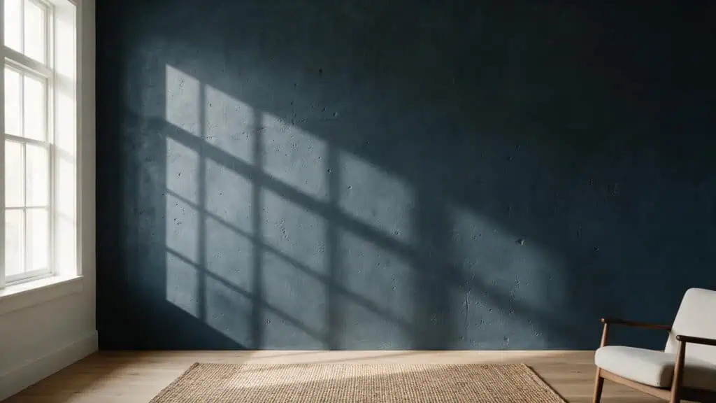 Sunlight casting shadows through window onto a dark blue wall in a minimalist room with wooden floor and a single white chair.