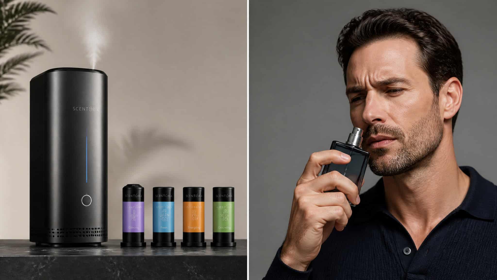Split image comparing a scent-emitting game device with a man skeptically smelling cologne.
