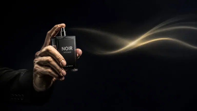 A hand holding a Noir Intense perfume bottle with a dark background and a golden spray mist emanating from it, emphasizing luxury and sophistication.