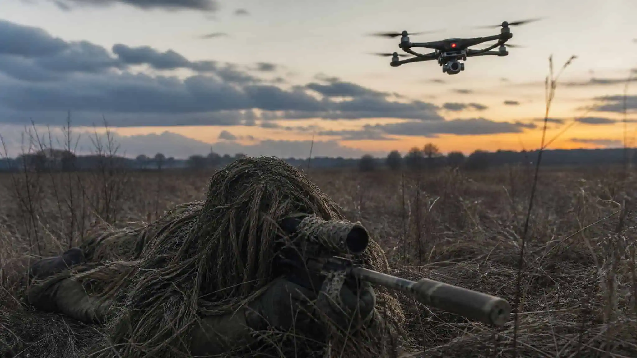 How to Become an Army Sniper: The 7-Week Course and Drone-Era Training 4 Sniper in ghillie suit hiding from a drone with thermal camera, illustrating modern signature management challenges.
