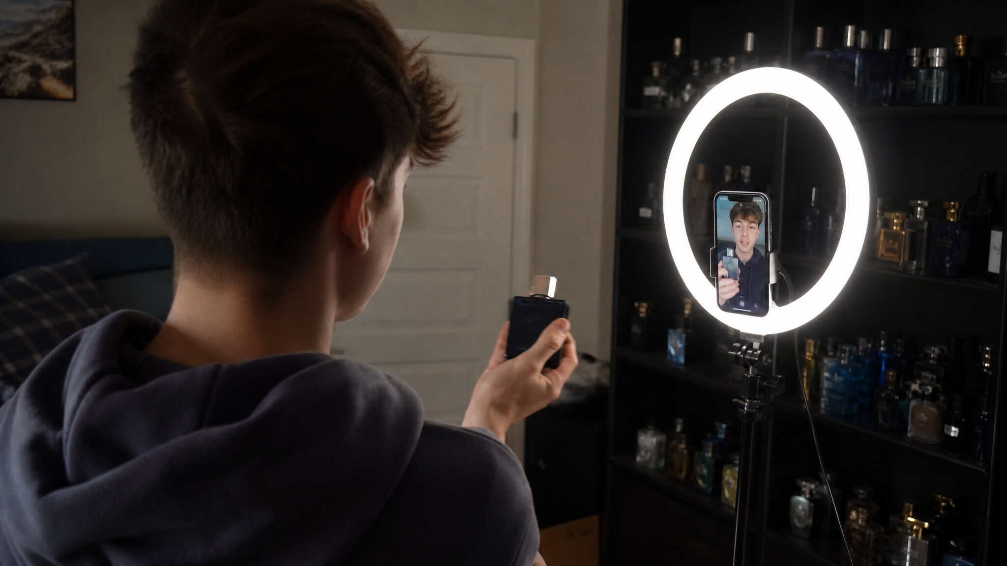 Smellmaxxing: The Science-Backed Layering Routine That Lasts All Day 3 Young man with short hair taking a selfie using a smartphone in front of a round illuminated mirror in a modern room.
