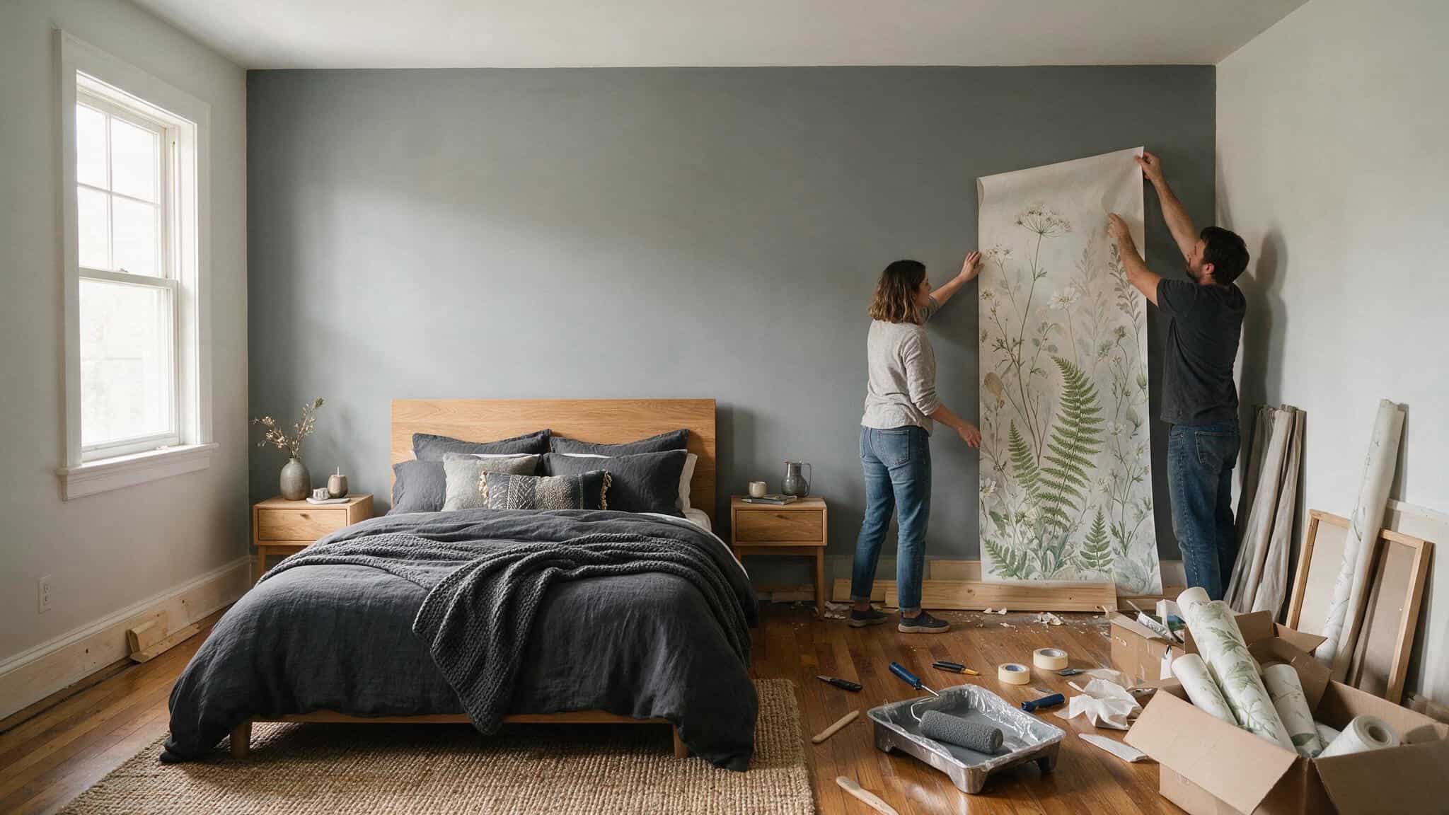 Teen bedroom makeover with Mindful Grey paint, new bedding, and a wall mural being hung vertically