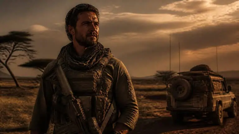 A rugged man in tactical gear stands in a desert at sunset, with a military vehicle in the background, capturing a scene of survival and resilience.