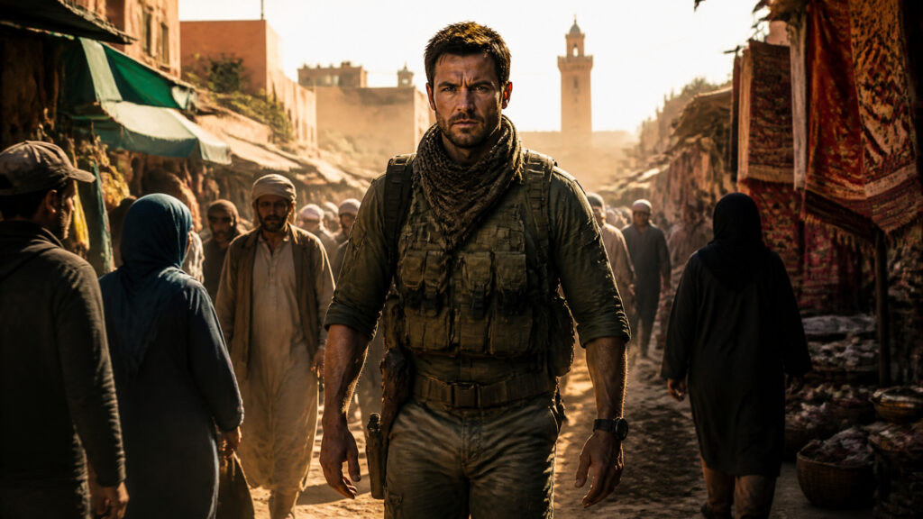 A rugged man in tactical gear walking through a busy marketplace with diverse people and vibrant stalls.