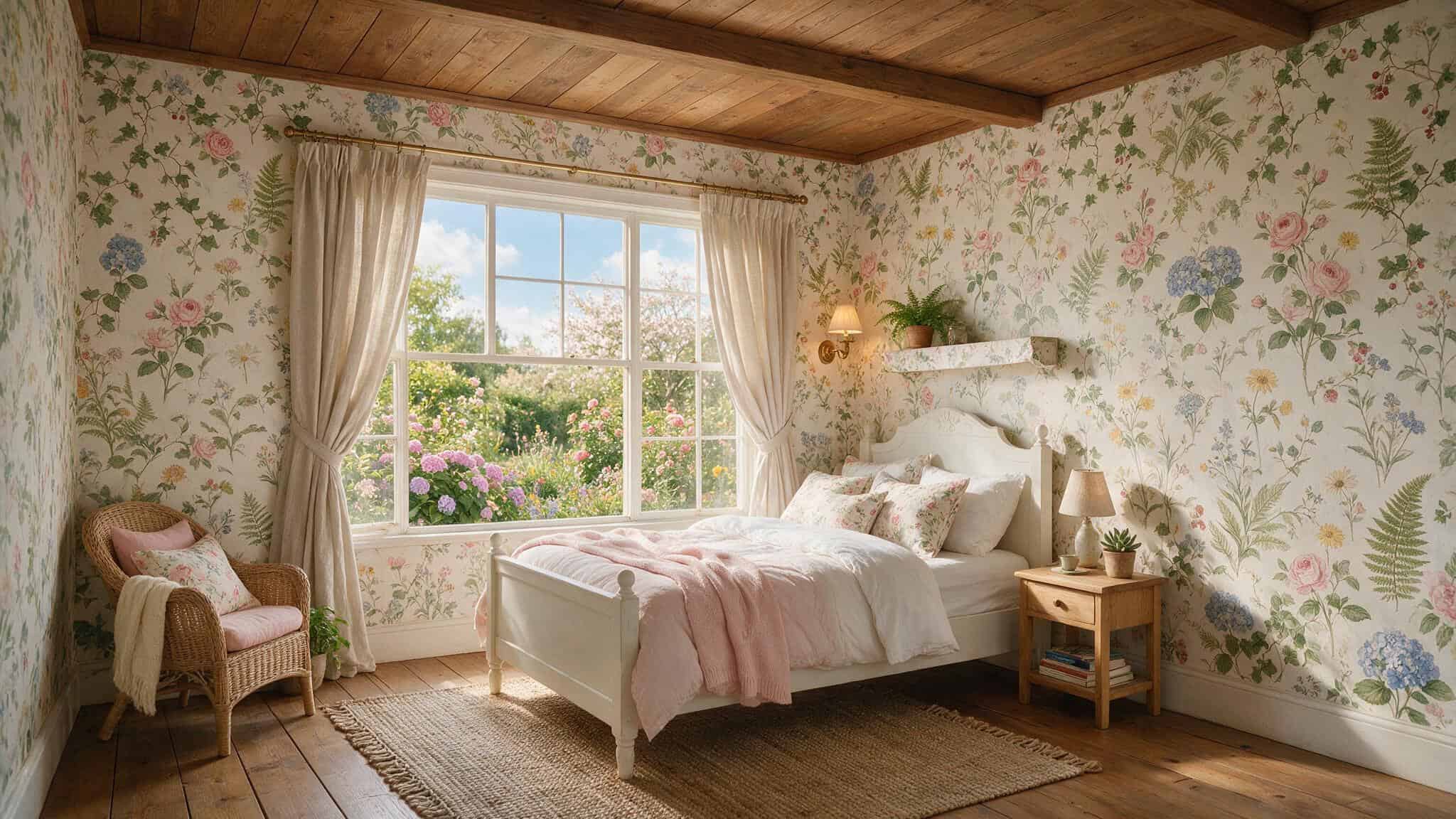 Bright bedroom featuring floral wallpaper, a large window with curtains, a white bed with pink and white bedding, a wicker chair, and wooden furniture.