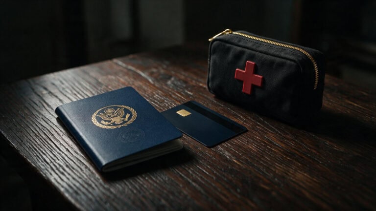 Passport, credit card, and medical kit representing travel medical insurance needs