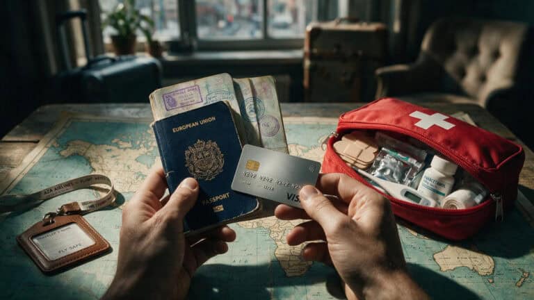 Traveler comparing travel insurance options with passport, credit card, and medical kit on a map.