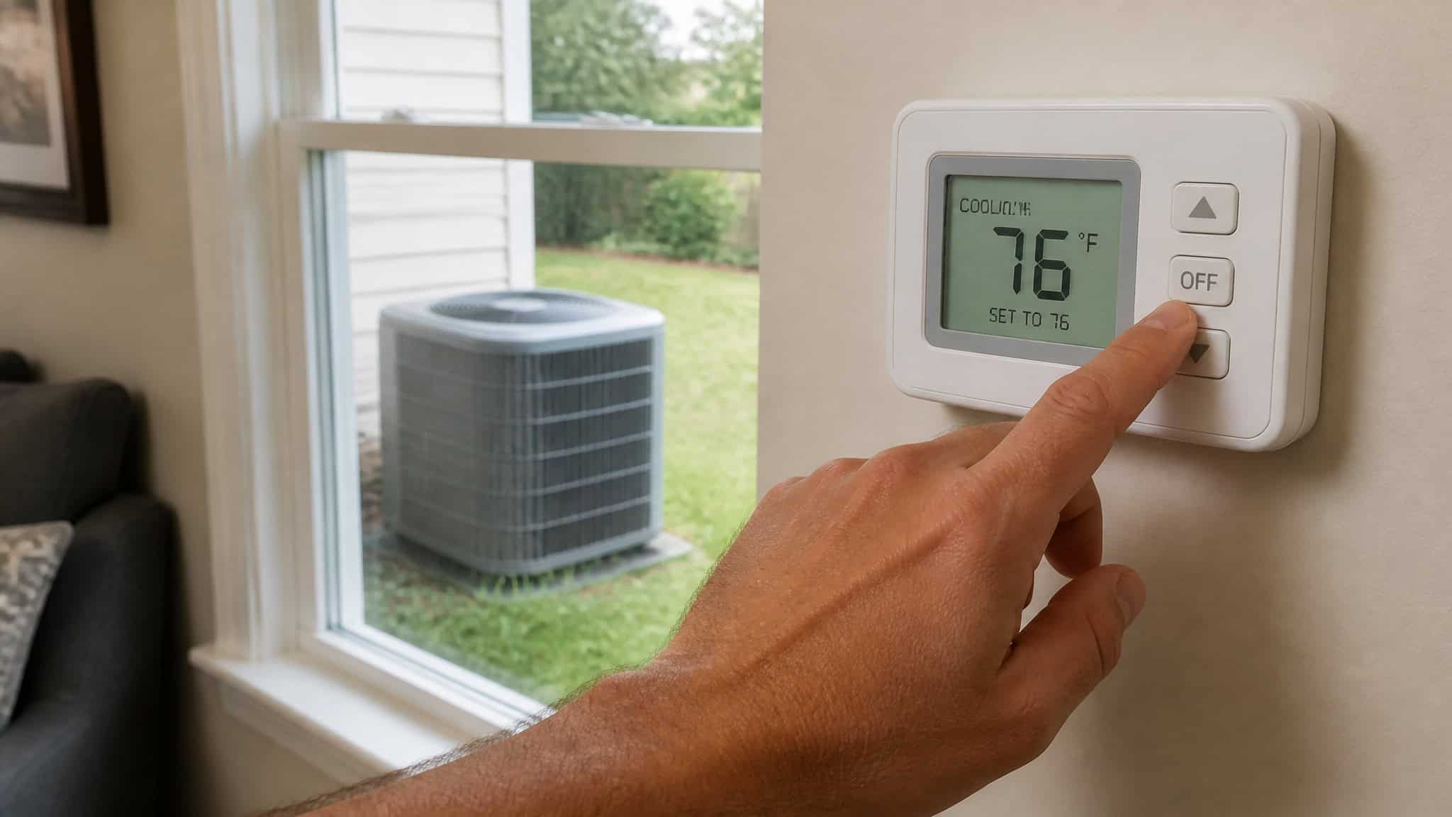 AC Capacitor Failure Symptoms: 9 Warning Signs Your AC Is About to Break Down 5 Close-up of a person's hand adjusting a digital thermostat on a wall, with an air conditioning unit visible outside the window, illustrating home climate control.