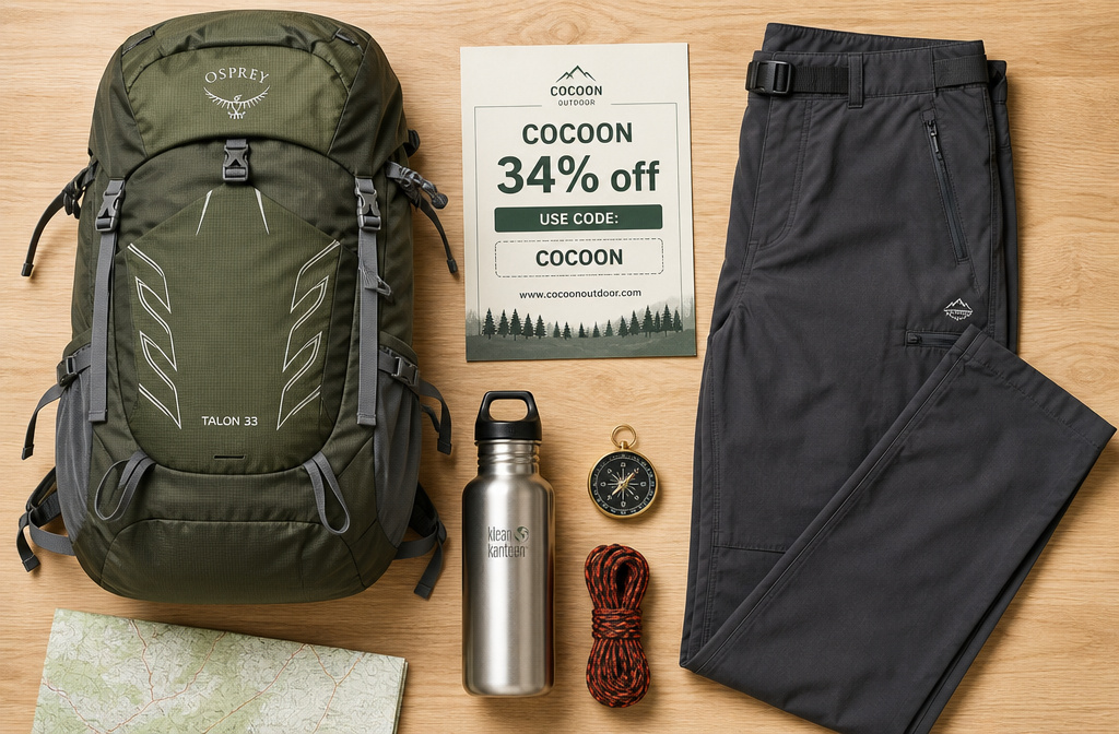 Varuste Discount Codes vs. Varusteleka: Which Saves You More on Gear? 3 Outdoor gear flat lay with Varuste.net coupon code card showing COCOON 34 percent off deal.