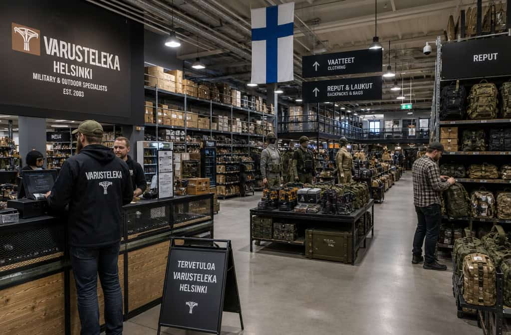 Varusteleka Meaning: The Finnish 'Gear Hammer' and the Story Behind the Name 2 Inside the Varusteleka military and outdoor gear store in Helsinki, showing shelves stocked with tactical equipment, customers shopping, and staff assisting.