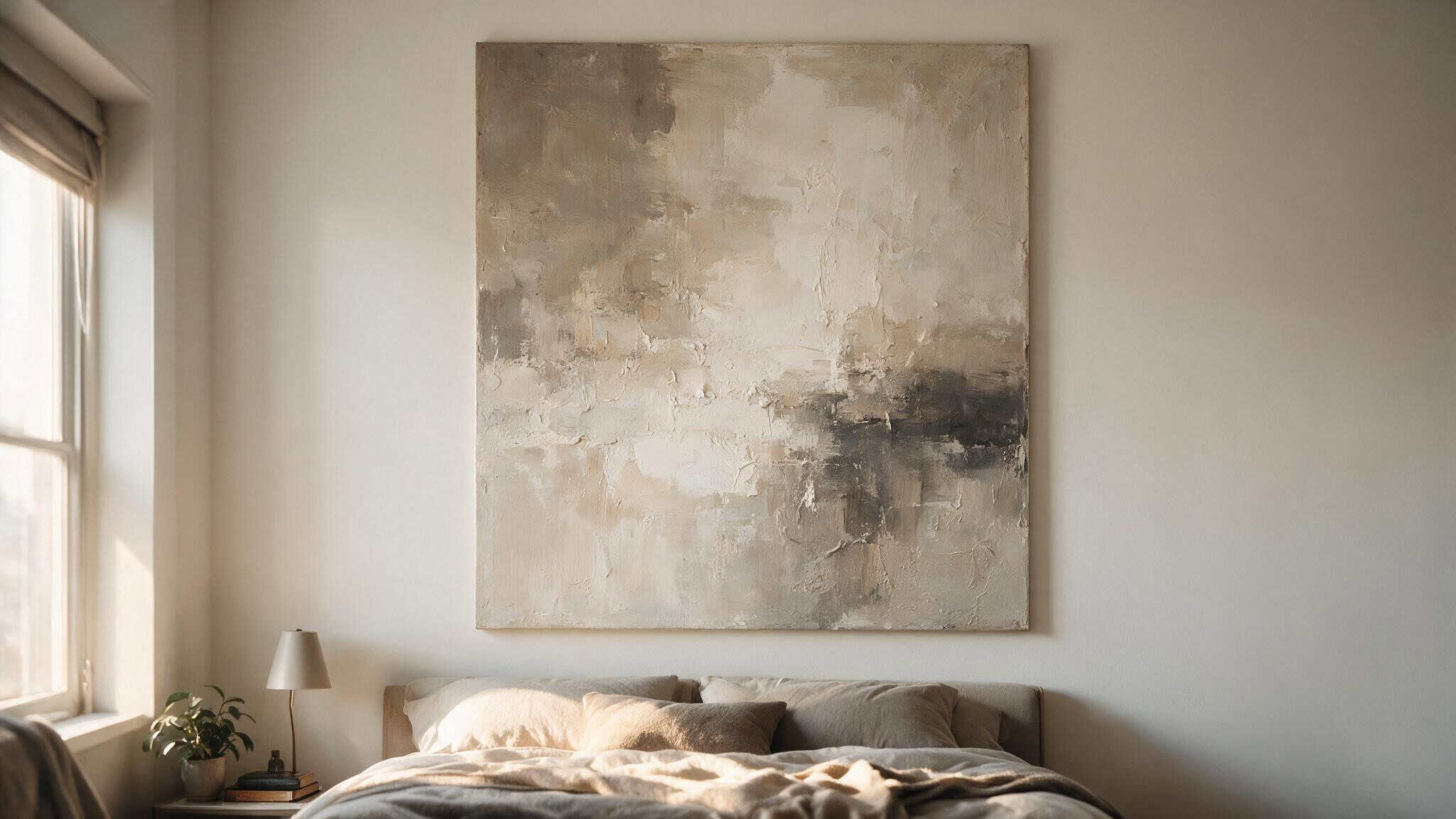 Male Bedroom Ideas on a Budget: A Real College-Age Room Makeover 4 Large neutral abstract wall mural hung vertically above a bed with breathing room on sides.