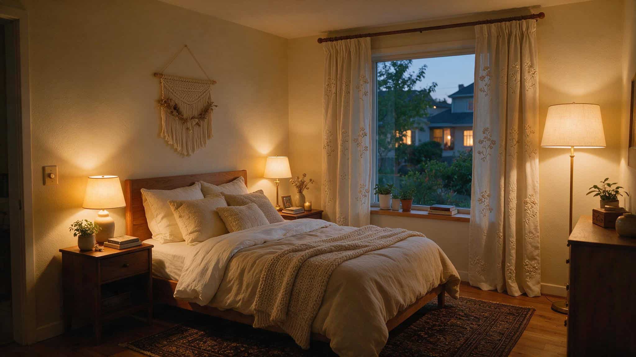 Mens Bedroom Ideas: A Furniture City Native’s Guide to a Masculine Sanctuary 3 Warmly lit bedroom with a large bed, nightstands, lamps, and a window showing a suburban neighborhood at dusk.