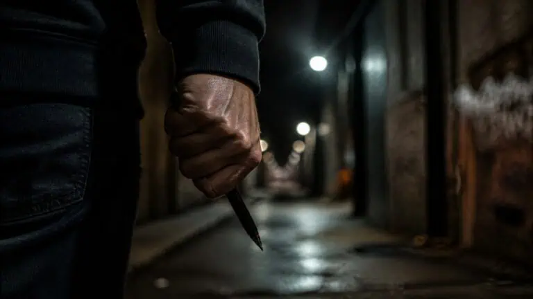 Close-up of a man holding a knife in a dark, narrow alley at night, creating a tense and ominous atmosphere.