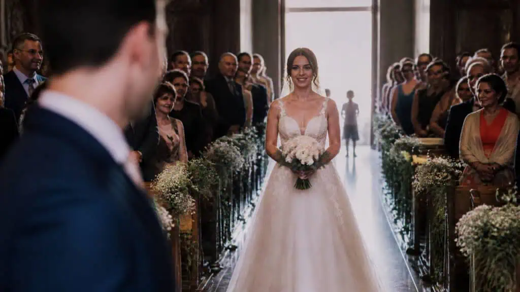 Bride walking down the aisle in a beautiful wedding ceremony with guests on both sides, floral decorations, and natural light streaming through large windows.