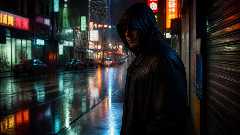 A person wearing a hooded jacket stands on a wet city street at night, illuminated by colorful neon signs and reflections on the rain-soaked pavement.