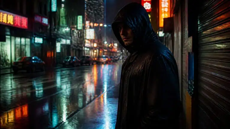 A person wearing a hooded jacket stands on a wet city street at night, illuminated by colorful neon signs and reflections on the rain-soaked pavement.