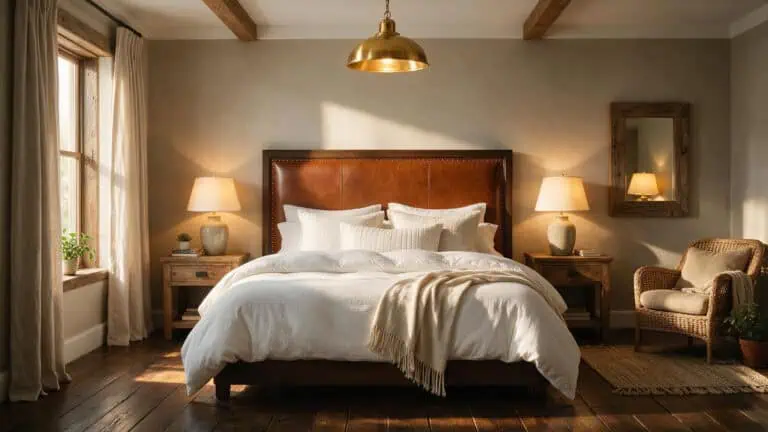 A cozy bedroom featuring a large bed with white linens, wooden nightstands with lamps, and a comfortable armchair, creating a warm and inviting atmosphere.
