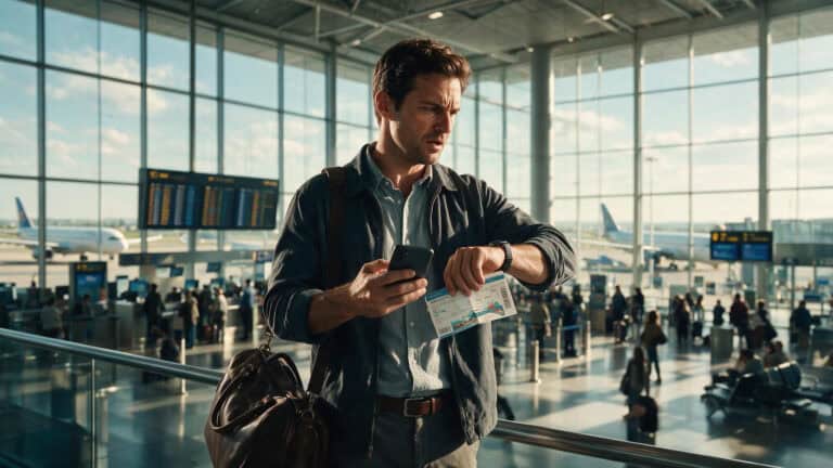 Man checking watch at airport terminal, illustrating last-minute travel insurance dilemma.