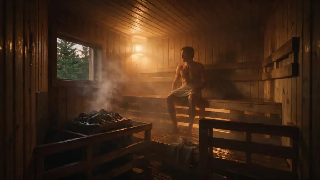 Man sitting in a traditional wooden sauna with steam rising, warm lighting, and a serene atmosphere.