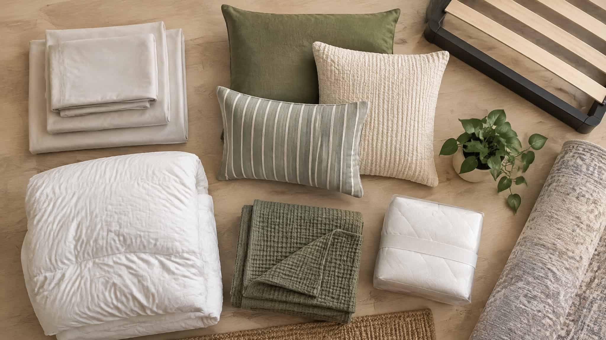 Six hundred dollar bachelor bed setup with budget platform frame, neutral bedding, and textured duvet