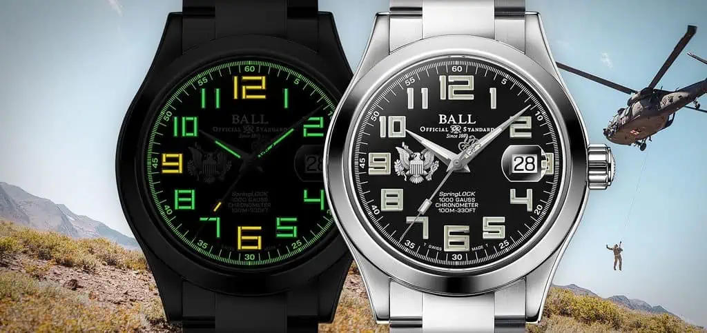 BALL Watch Engineer III Army: How the Four Versions Really Differ 2 Two BALL Engineer III Army watches with different dial designs, one with luminous green accents and the other with a classic black and white face, set against an outdoor mountain landscape.