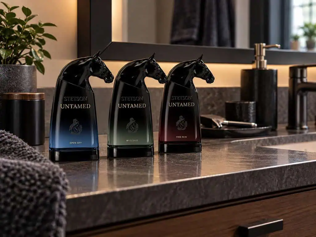 Stetson Untamed Fragrance Collection: Full Notes for Open Sky, Wild Sage, and Free Rein 2 Stetson Untamed fragrance collection bottles in black, blue, green, and red on a bathroom countertop with a mirror and plants in the background.