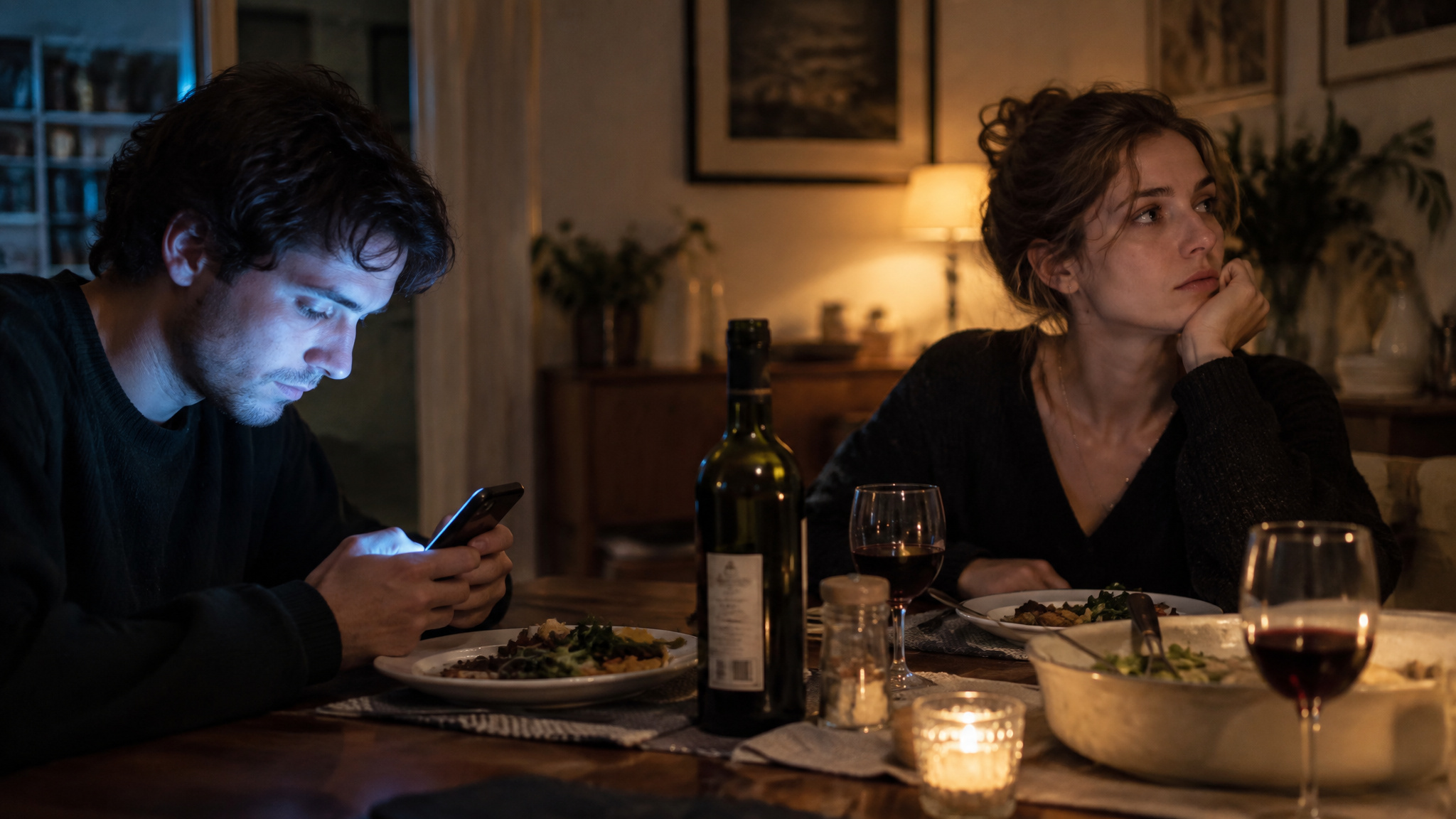Partner hiding AI companion app use at dinner while satisfaction rises