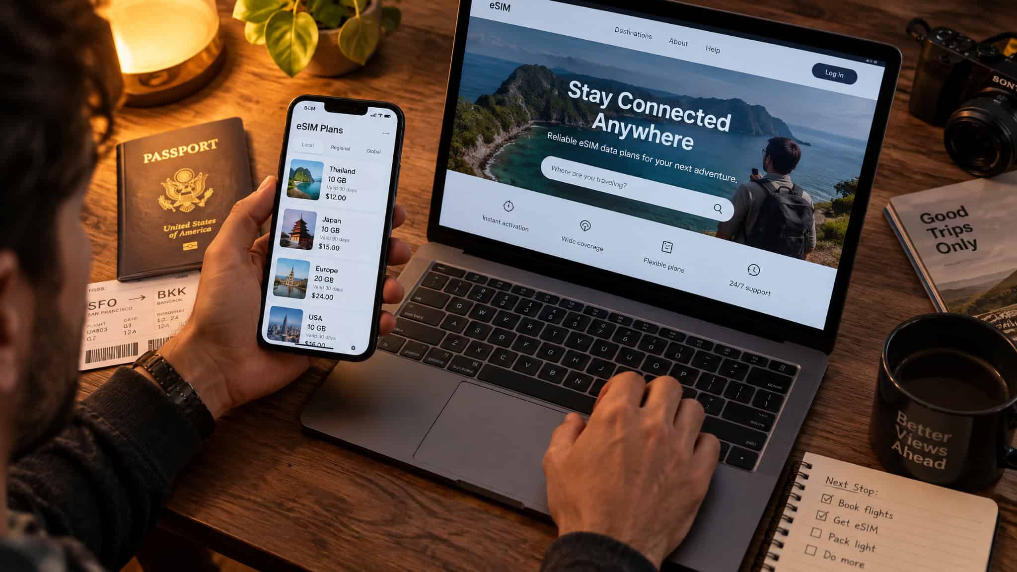 How to Use an eSIM for Travel on Android: Pixel & Galaxy Steps, Plus the Carrier-Lock Check Most Guides Skip 3 Person planning travel using laptop and smartphone with travel app and passport on wooden desk.