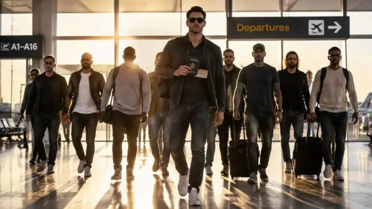 Large group of ten men booking a group flight together at the airport terminal