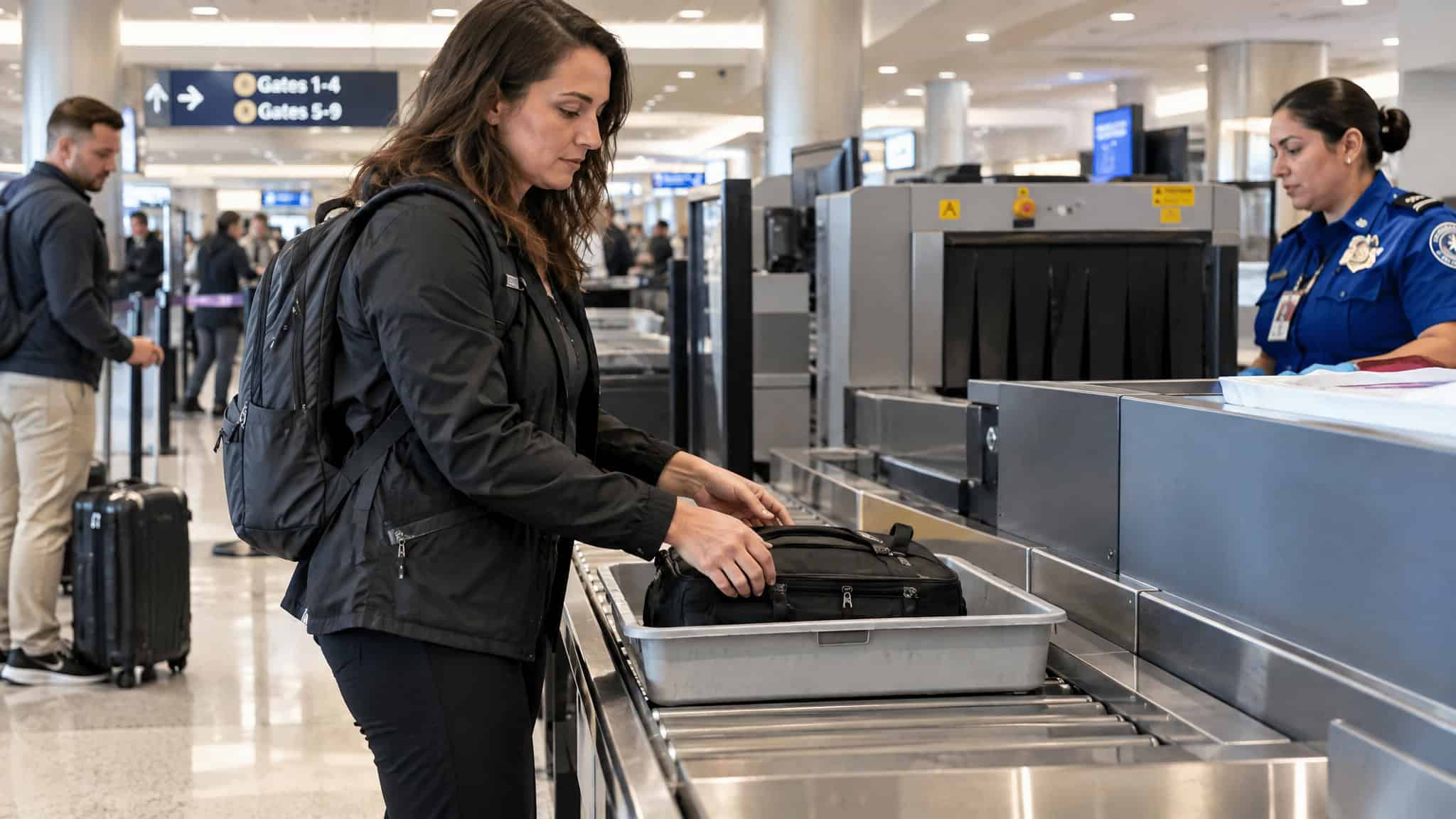 Best Travel Hacks: 20+ Tested Tips From 20 Years of Frequent Travel (and 4 That Don't Work) 4 Woman traveler at airport security scanning her belongings at the TSA checkpoint with a security officer overseeing the process.