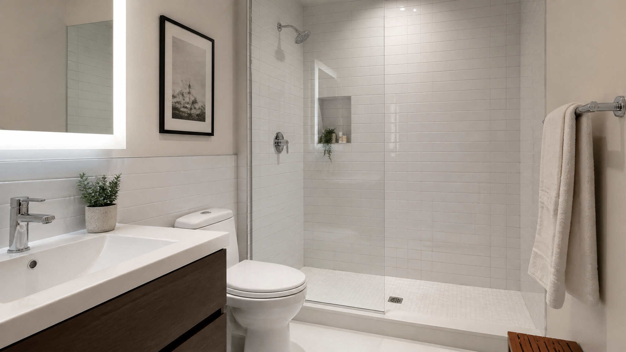 Modern bathroom with mid-range fixtures, illustrating a budget-conscious remodel under the 30% cap.