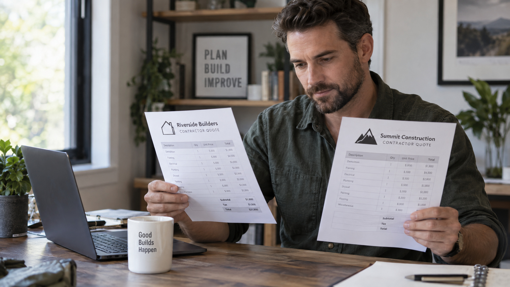 How to Negotiate Better: 10 Research-Backed Skills, From BATNA to Contingent Contracts 2 Man comparing contractor quotes to build his BATNA before negotiating