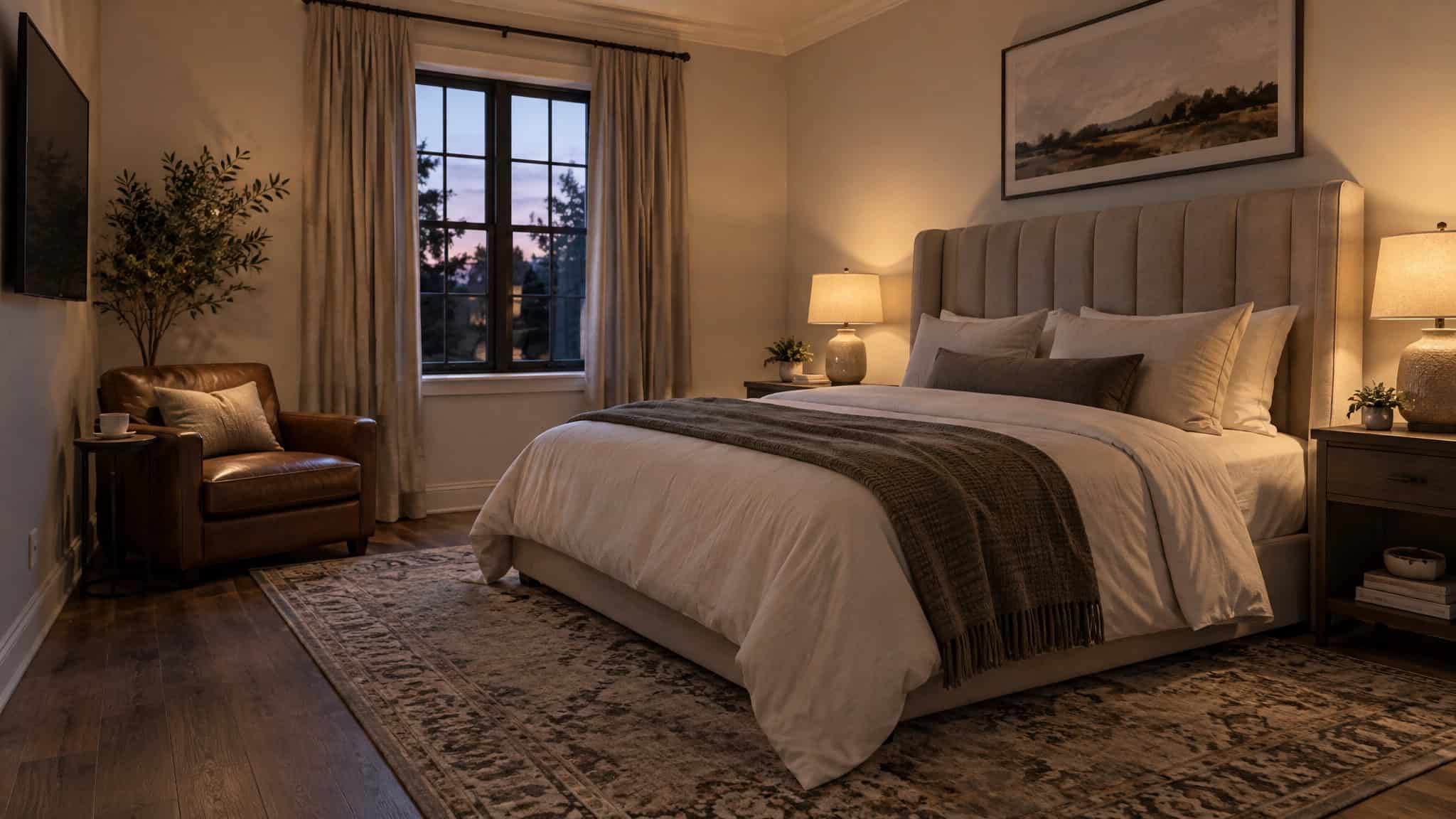 Bed as the focal point of a bachelor room with rug, club chair, and wall-mounted TV placement