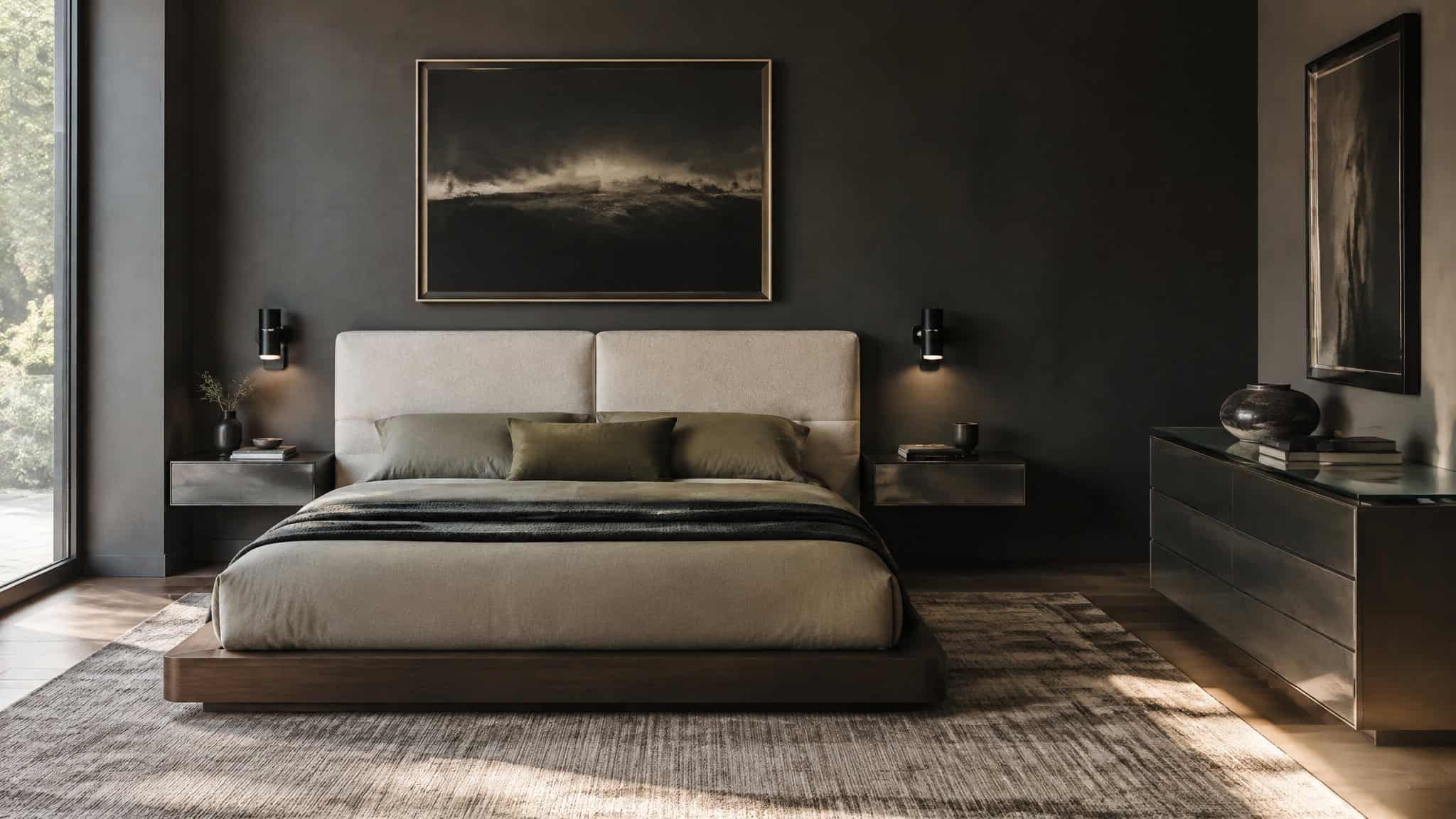 Modern Bachelor Bedroom Ideas: A Fully Specified Room Build With Dimensions and Prices 2 Bed wall build with wall-mounted nightstands aligned to mattress height and low dresser