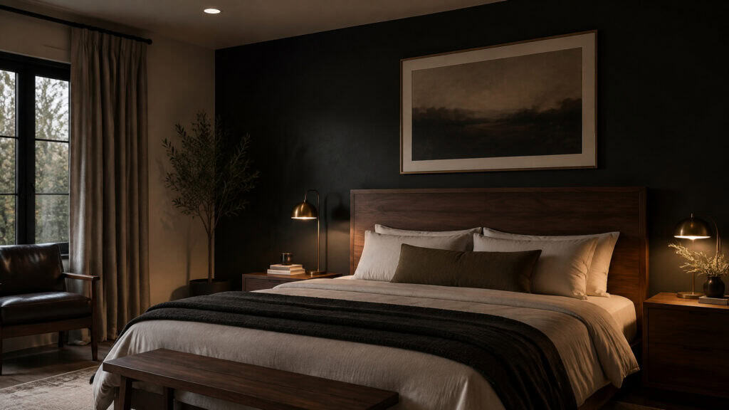 Masculine bedroom with a Sherwin-Williams Iron Ore off-black accent wall, walnut furniture, and white ceiling