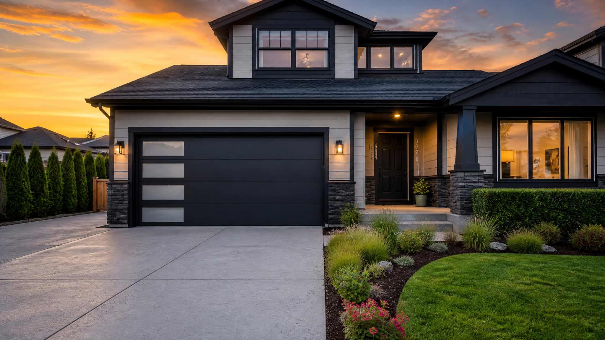 Contemporary two-story house with a black garage door and large windows, illuminated by sunset lighting, surrounded by a well-maintained lawn and garden.