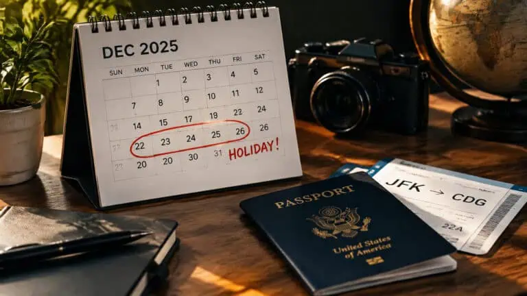 Travel essentials including a United States passport, airline tickets, and a desk calendar showing December 2025 with a holiday mark.