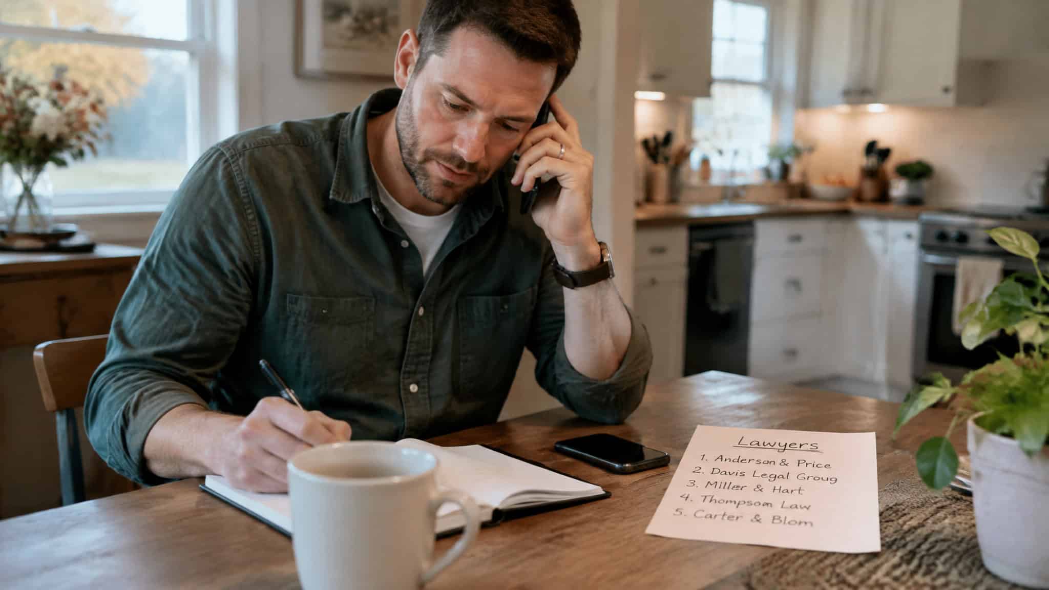 How to Choose a Personal Injury Lawyer in Your State: Why the Lowest Fee Percentage Can Cost You $8,750 2 A man in casual attire is working at a kitchen table, writing notes on a piece of paper with a coffee mug nearby, in a cozy, well-lit kitchen setting.