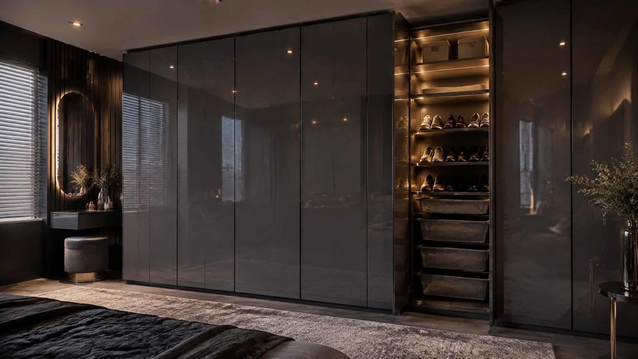 Handleless built-in wardrobes with interior racks maximizing storage in a small bedroom