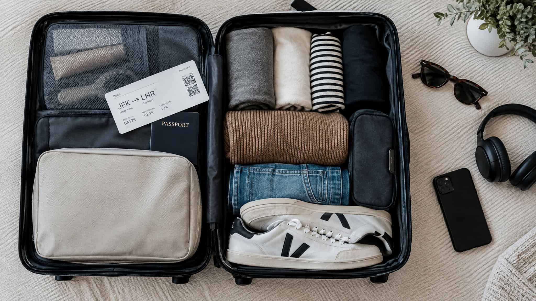 Carry-on suitcase packed with cubes next to a credit card that covers checked bag fees