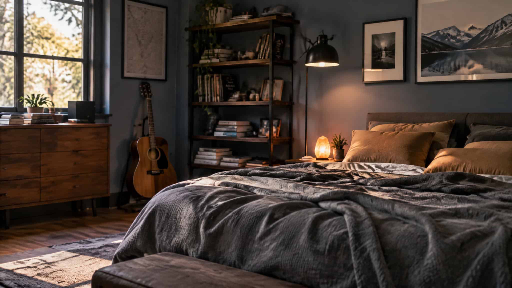 Masculine Bedroom Decor Ideas: 27 Looks Built on the 3-Hard-Plus-2-Soft Formula 3 Slate blue masculine bedroom with guitar, layered bedding, and open shelving in casual cool layers style